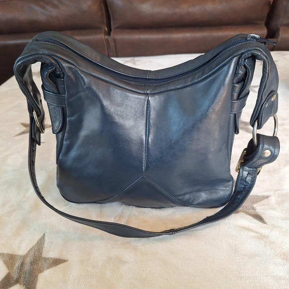 Handbags - Vintage Navy Blue Genuine Leather Slouchy Shoulder Bag Zipper Close Pocket
